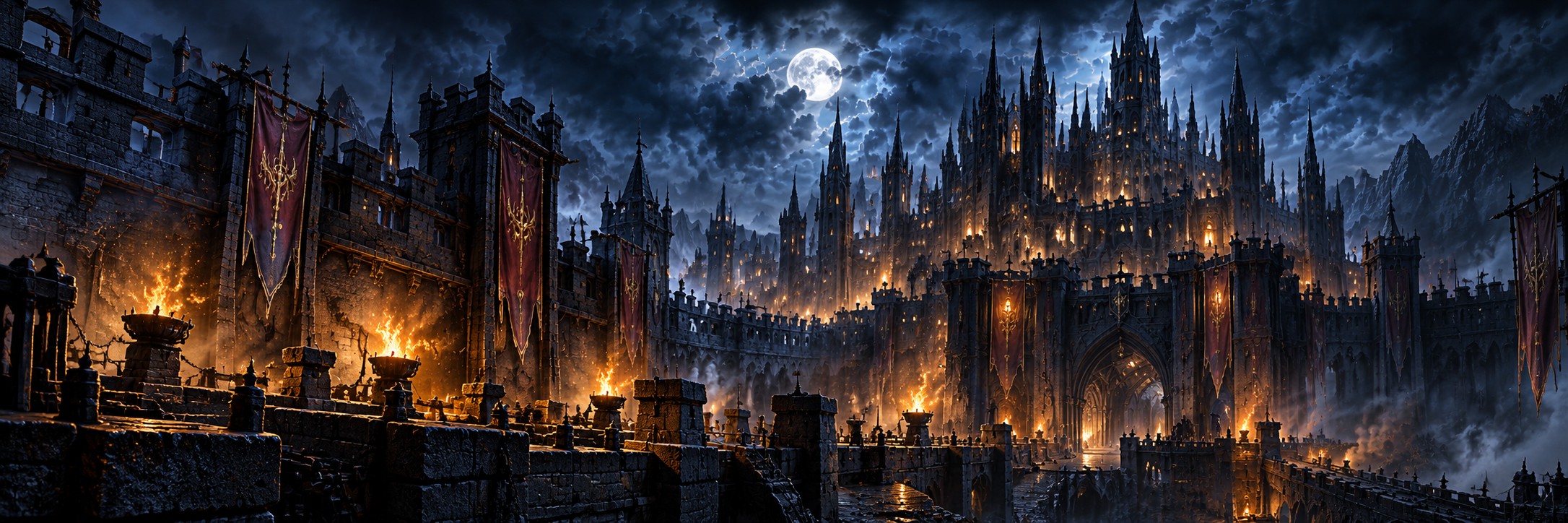 Fortaleza de Aevix iluminada por la luna y las antorchas